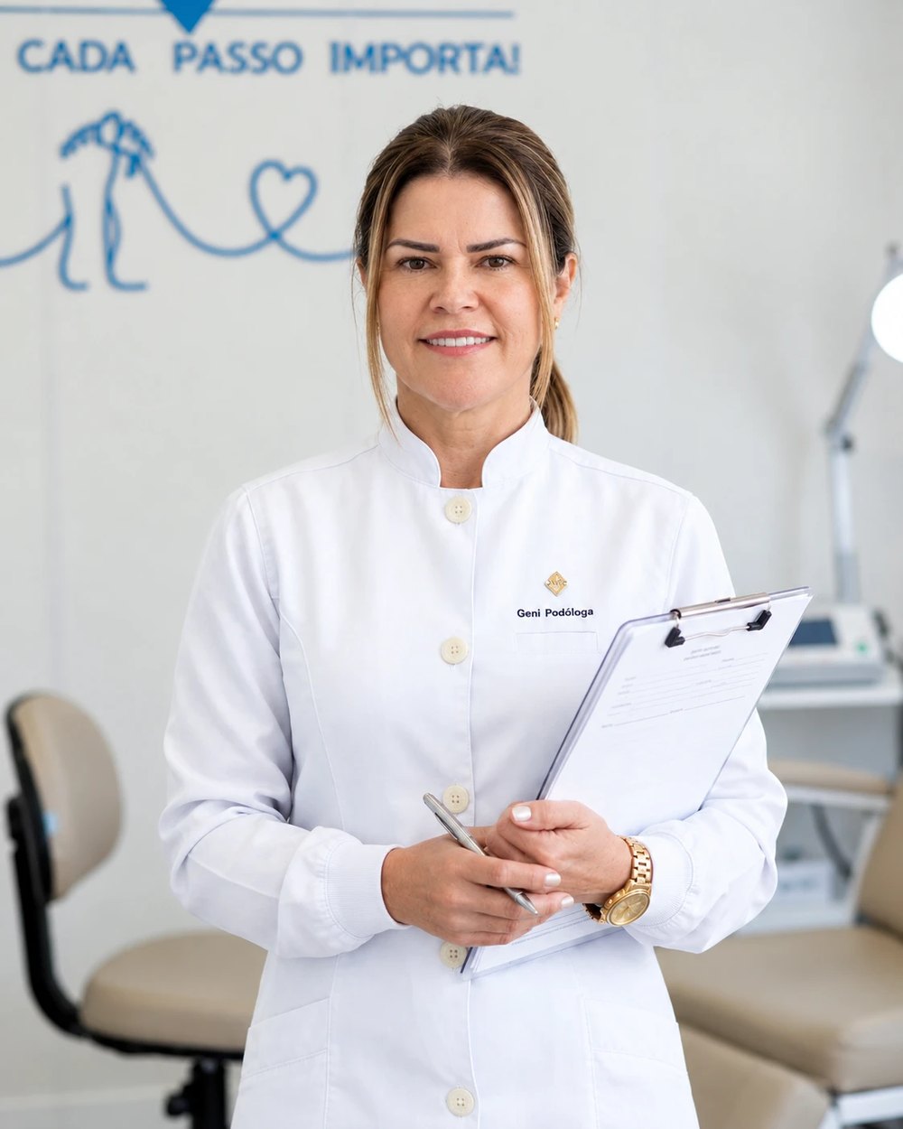 Geni sorrindo de jaleco, segurando a prancheta de avaliação, no consultório